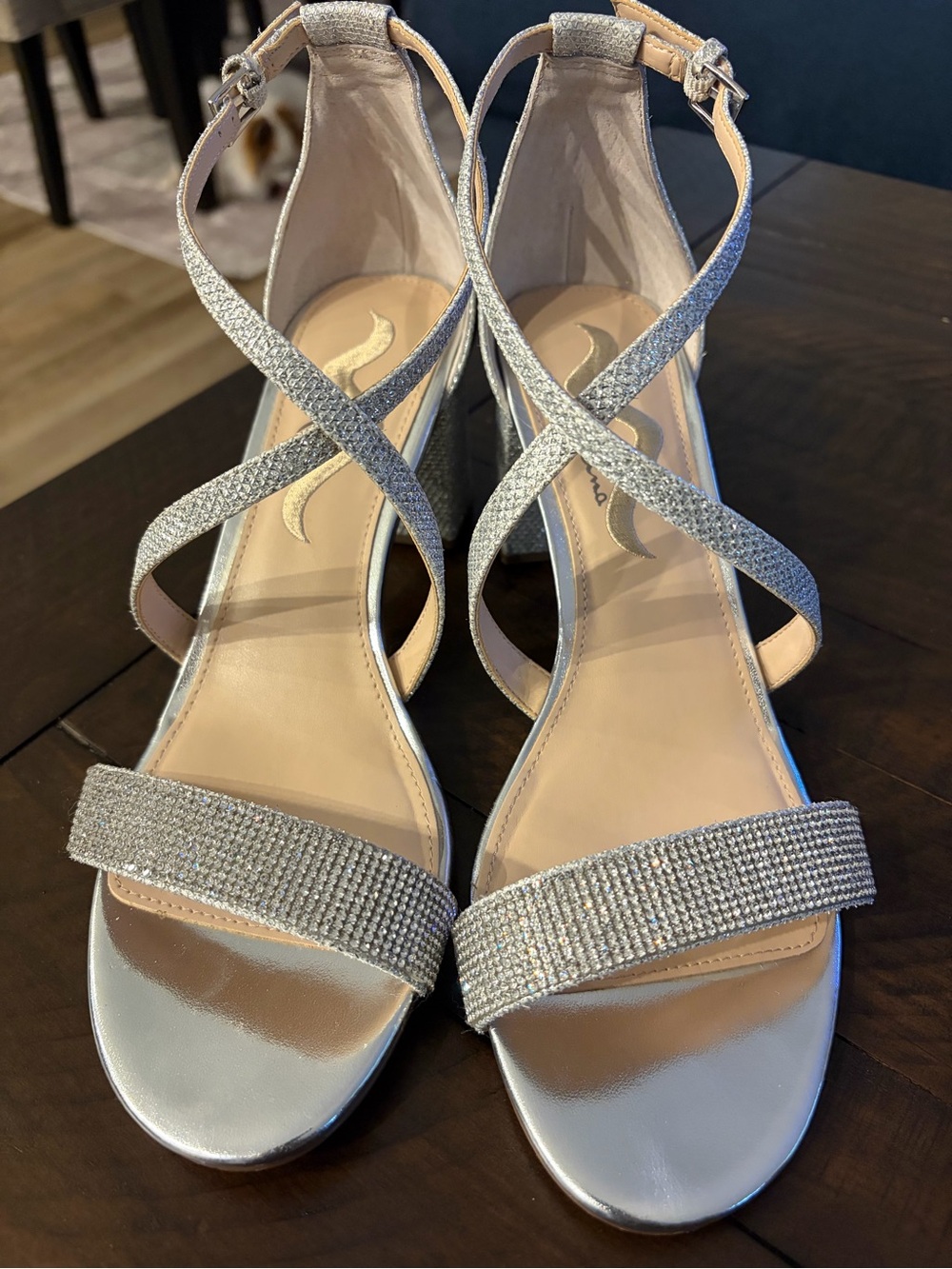 Nina Silver Crystal Strappy Block Heel Sandals